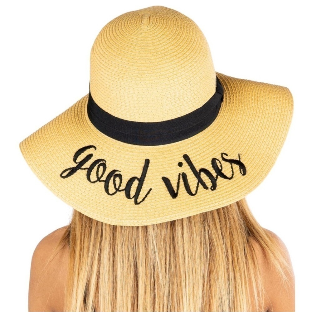 NIB Good Vibes Embroidered Packable Foldable UPF 50+ Sun Beach Summer Hat